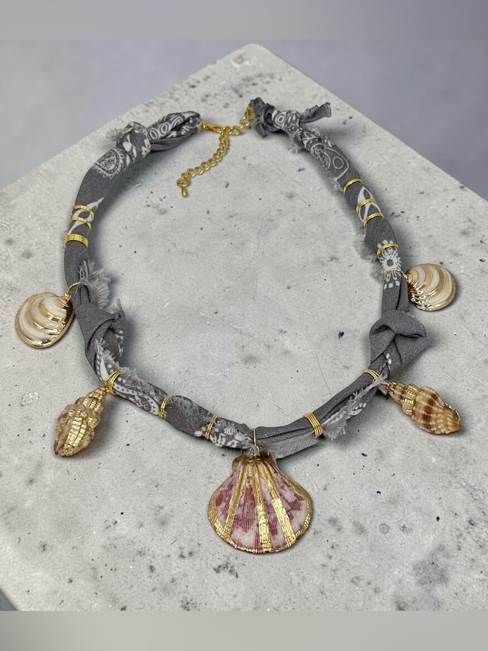 New Boho Natural Gold Accented Seashells Charm Gray Scarf Boutique Necklace